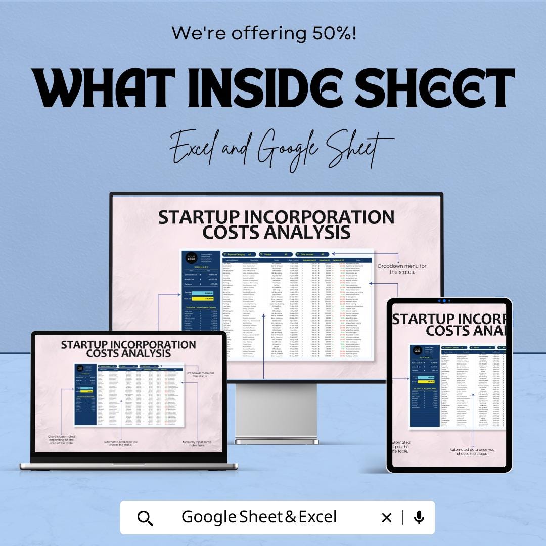 Startup Incorporation Costs Analysis Template | Business Expense Tracker | Company Budget Planner | Startup Cost Breakdown Sheet