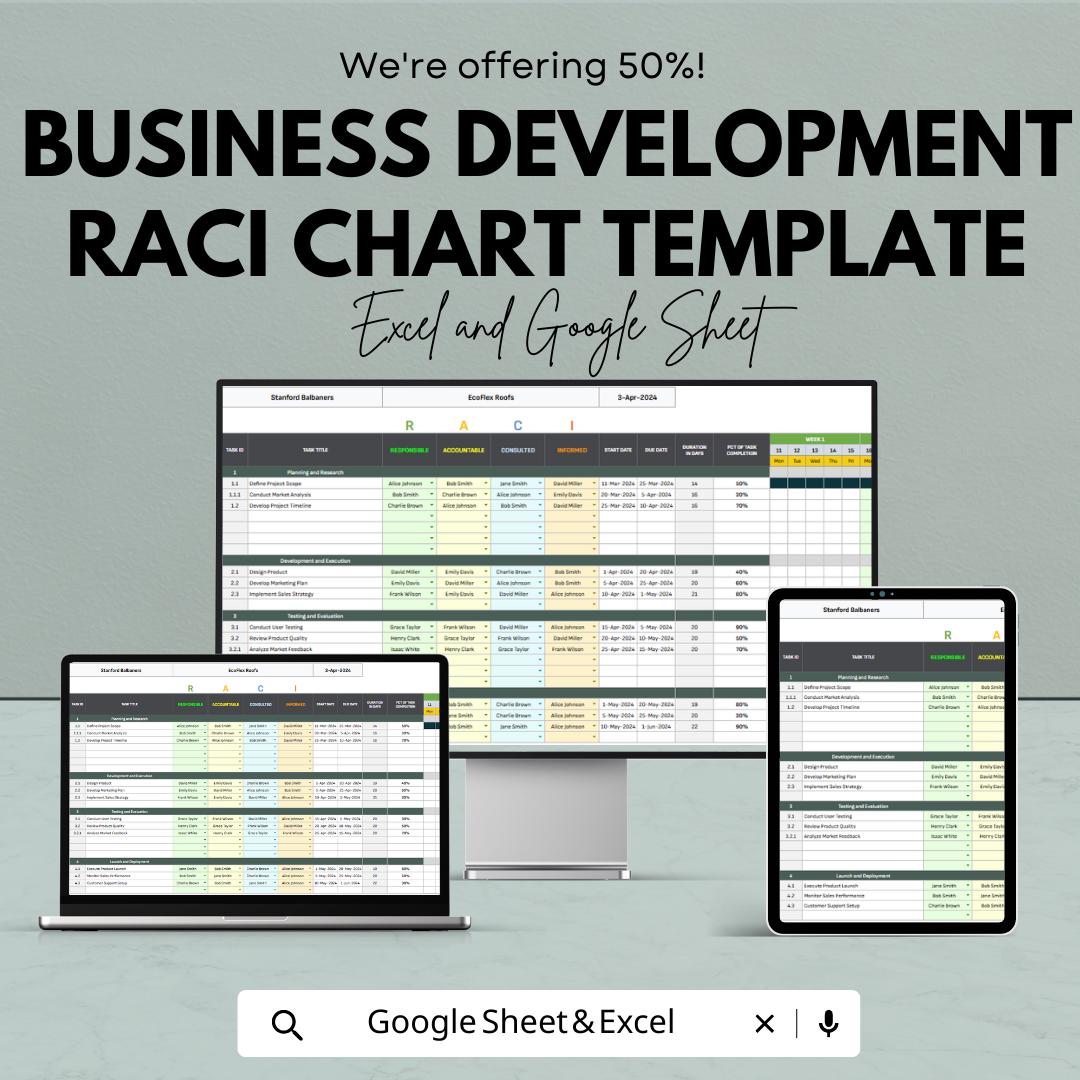 Business Development RACI Chart Template Excel and Google Sheets | Project Responsibility Matrix | Task Assignment & Accountability Tracker