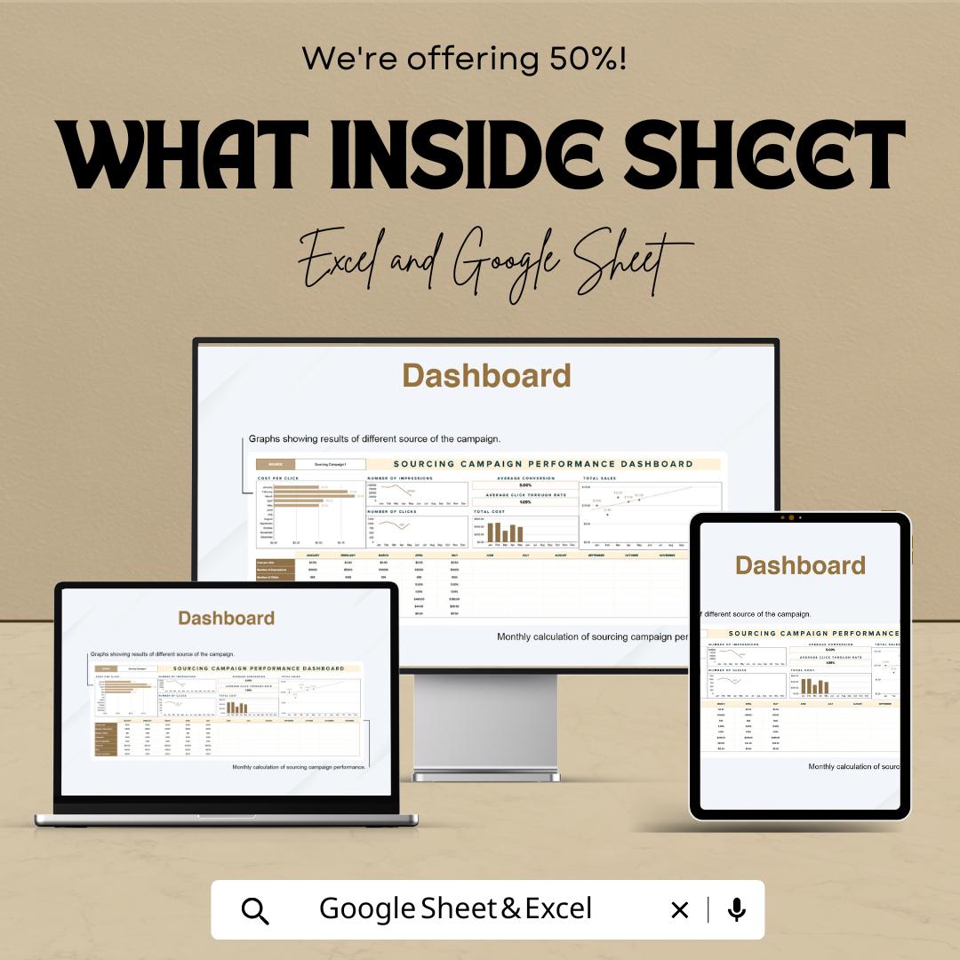 Sourcing Campaign Performance Dashboard HR Template | Excel and Google Sheets | Track Campaign Success with KPIs & Metrics