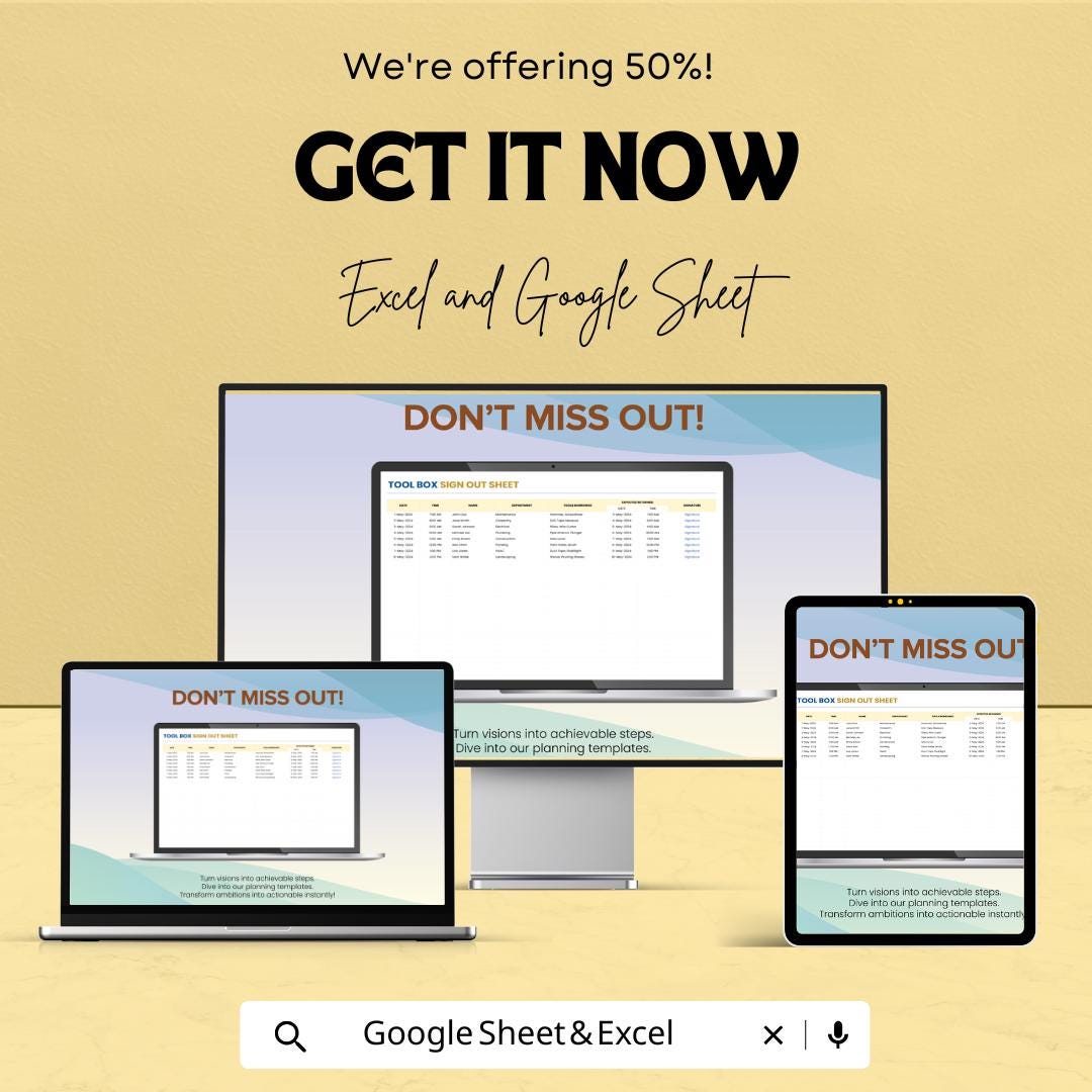 Tool Box Sign Out Sheet – Google Sheets Template – Track Equipment Check-Out for Teams and Departments – Printable Work Log for Tools