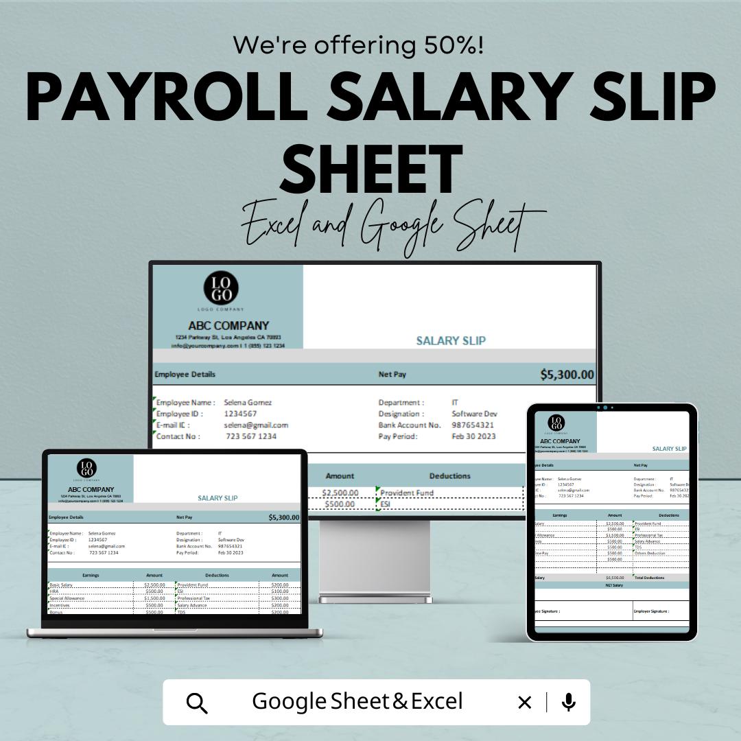 Payroll Salary Slip Sheet Template - Excel & Google Sheets - Employee Payslip Generator - Track Earnings, Deductions, and More