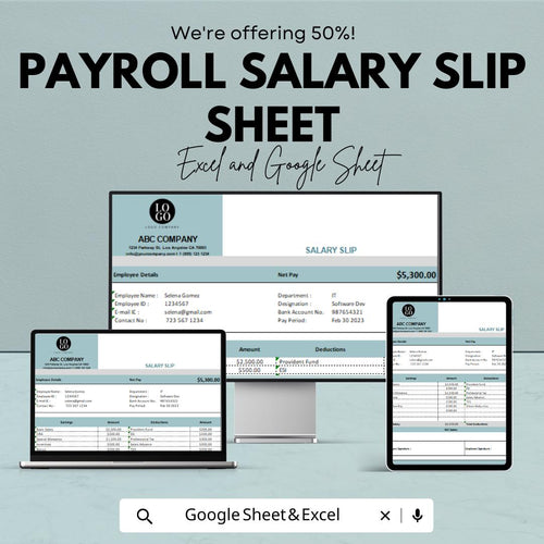 Payroll Salary Slip Sheet Template - Excel & Google Sheets - Employee Payslip Generator - Track Earnings, Deductions, and More