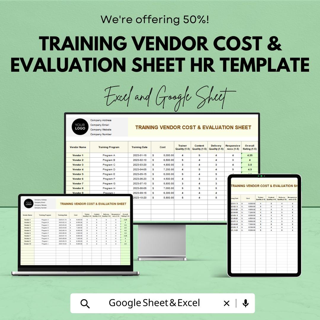 Training Vendor Cost & Evaluation Sheet HR Template | Excel and Google Sheets | Training Budget and Vendor Review Tracker