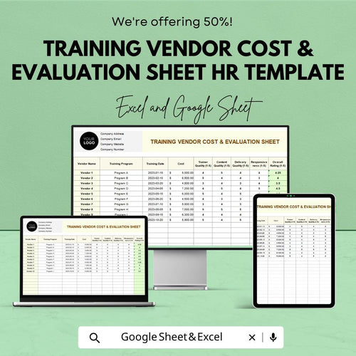 Training Vendor Cost & Evaluation Sheet HR Template | Excel and Google Sheets | Training Budget and Vendor Review Tracker