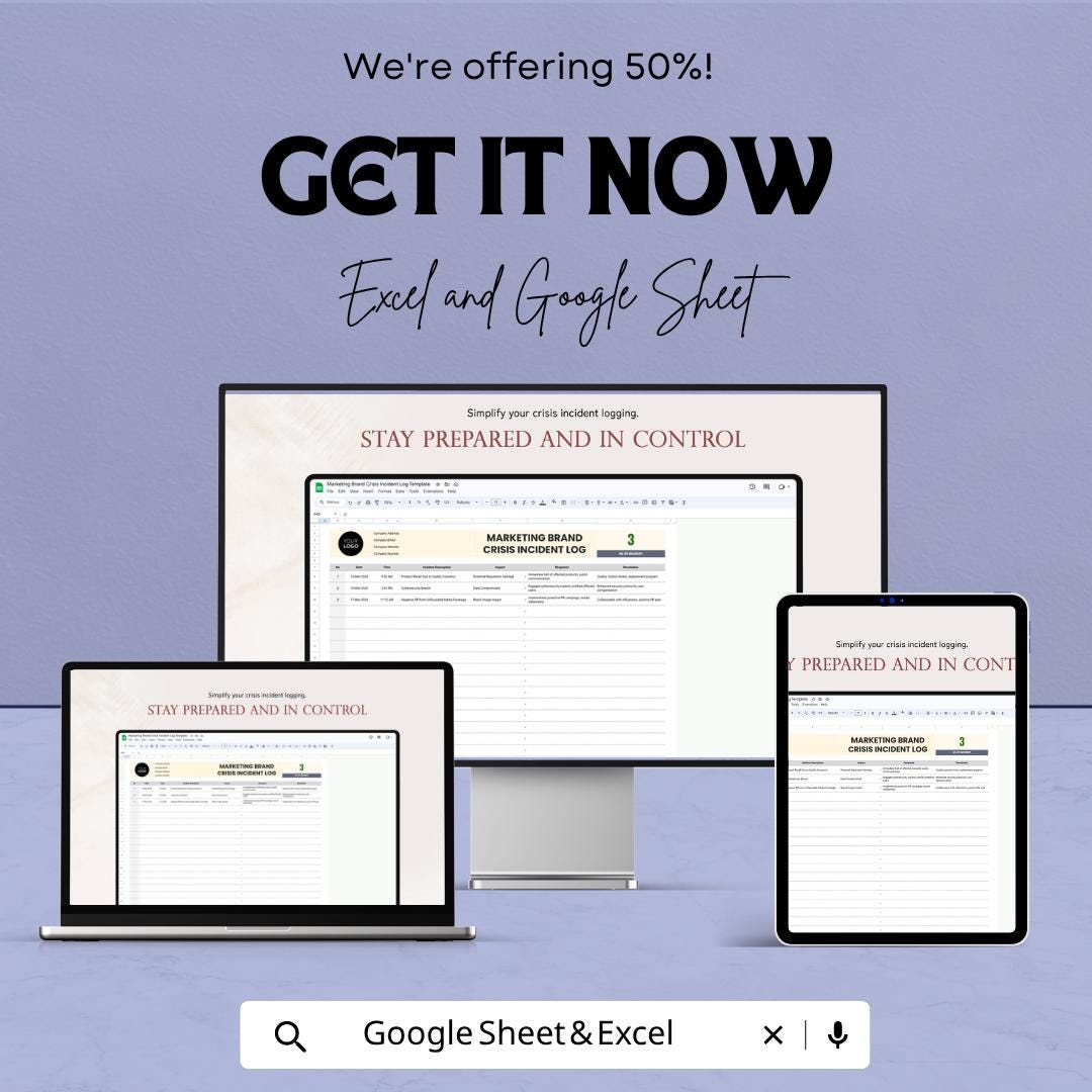 Marketing Crisis Log Template Excel | Brand Crisis Incident Tracker | PR Crisis Management Sheet | Reputation Management Log | Google Sheets