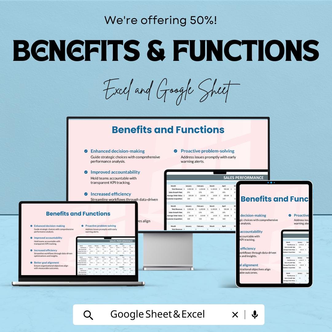 KPI Performance Sheet | Excel & Google Sheets Dashboard for Tracking Key Metrics | Business Performance, and Growth