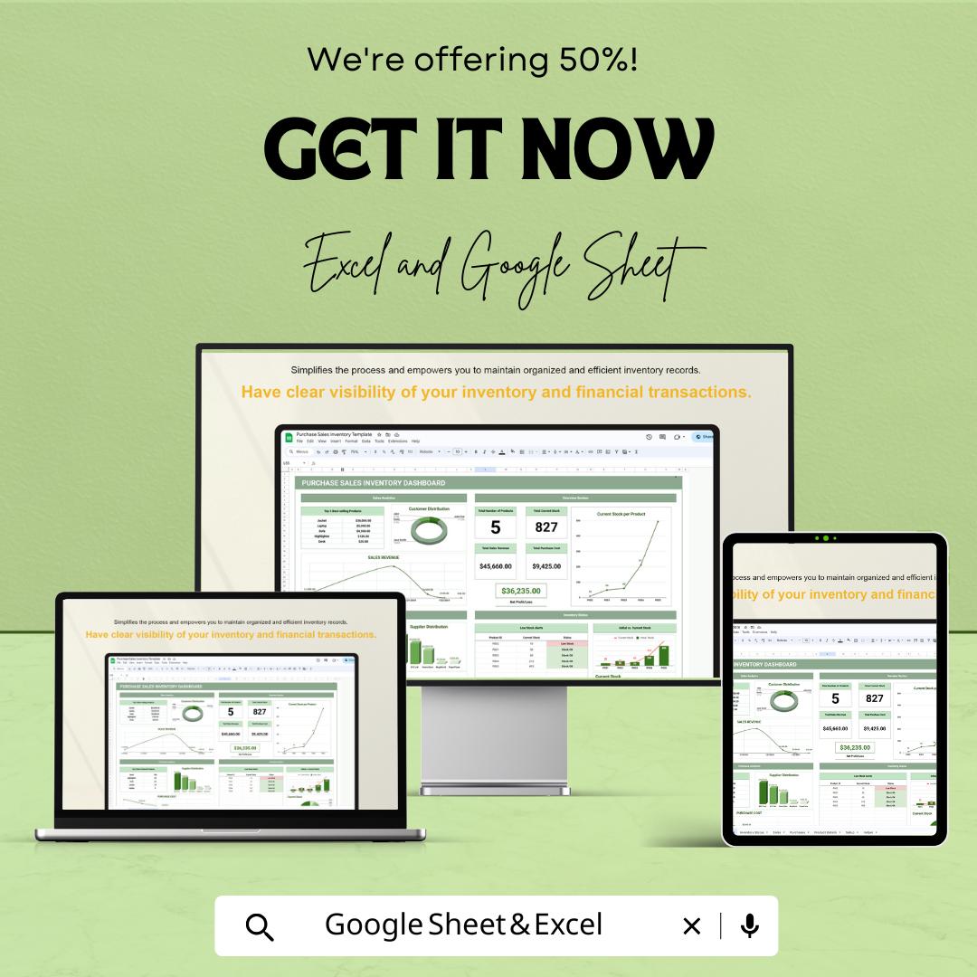 Purchase Sales Inventory Sheet | Excel & Google Sheets | Sales, Purchases, Inventory Tracking Dashboard | Business Management Template