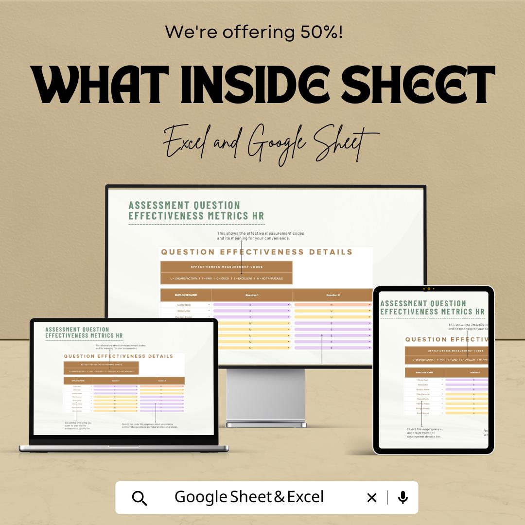 Assessment Question Effectiveness Metrics HR Template | Hiring Assessment Analysis Tool | HR Evaluation Spreadsheet | Recruitment Metrics
