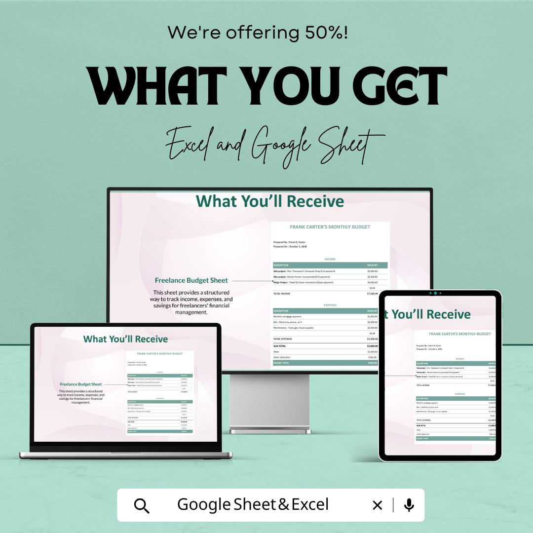 Sample Freelance Budget Sheet – Excel and Google Sheets Template | Track Income & Expenses | 50% Off
