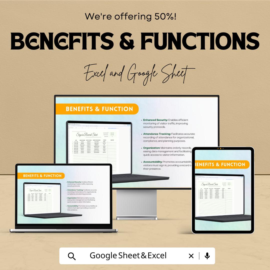 Sign In Record Sheet | Visitor Log Template | Excel & Google Sheets | Attendance Register | Editable Digital Sign-In Sheet | Printable Log