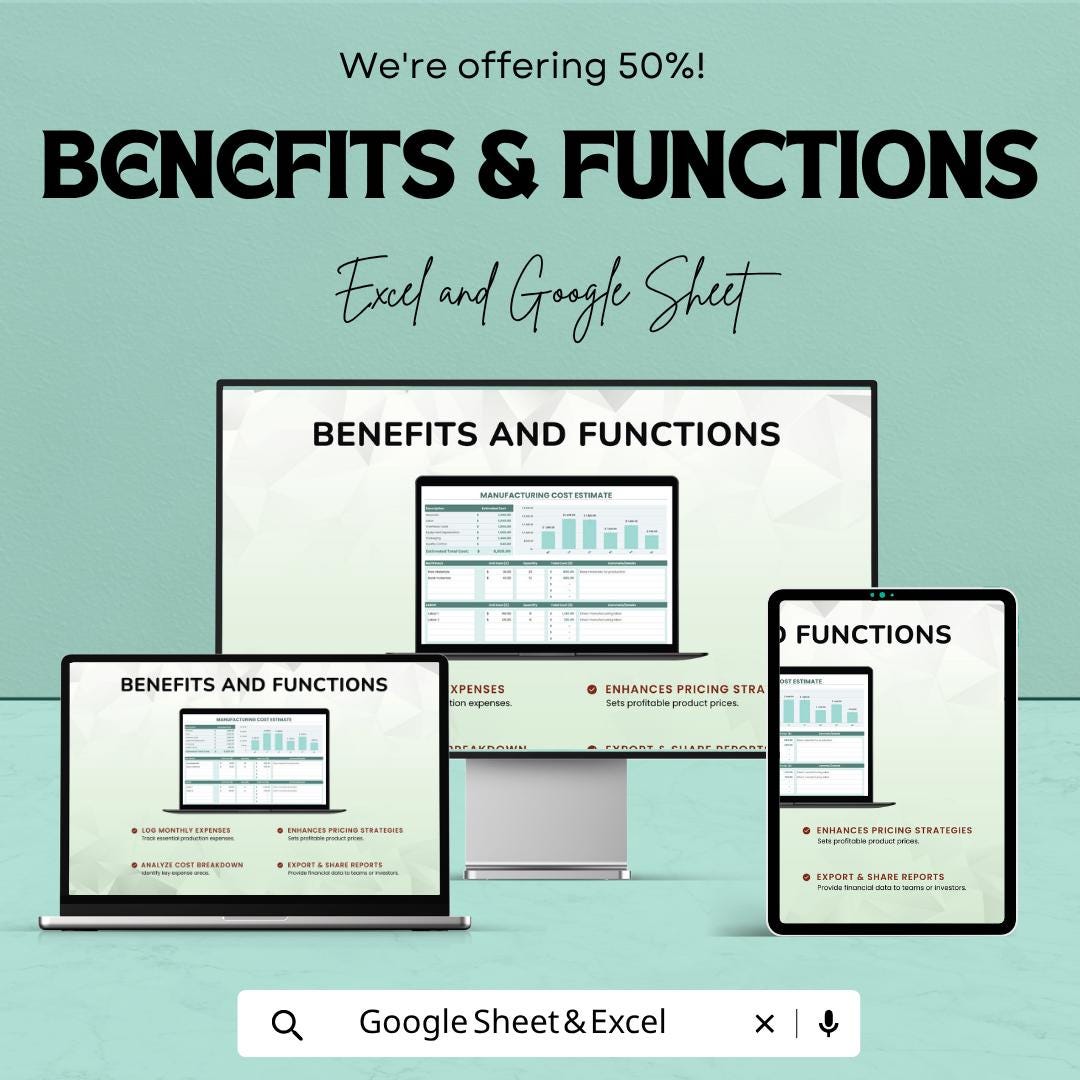 Manufacturing Cost Estimate Template Excel | Production Cost Calculator | Costing Sheet | Product Cost Analysis | Google Sheets Template