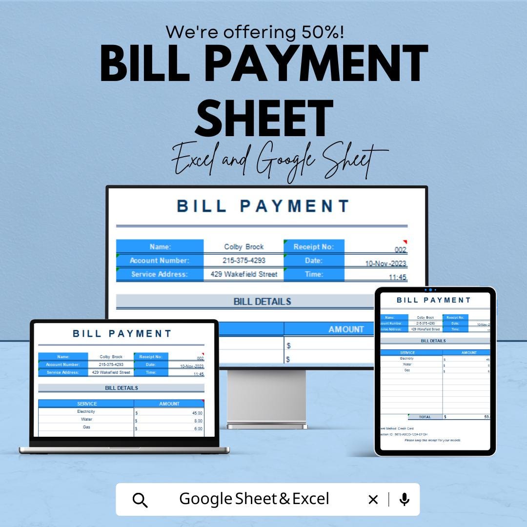 Bill Payment Template Sheet – Excel & Google Sheets, Easy to Use, Budget Management, Bill Tracker, Invoice Tracker, Payment Organizer