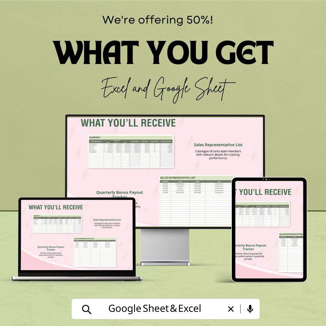 Sales Quarterly Bonus Payout Tracker Template | Excel & Google Sheets Bonus Calculator | Sales Commission Dashboard