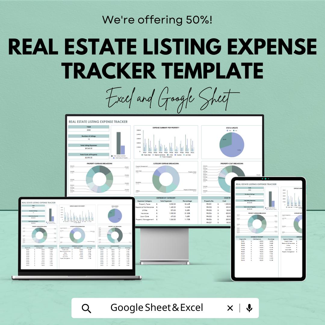Real Estate Listing Expense Tracker Template, Property Expense Spreadsheet, Realtor Budget Tracker, Excel & Google Sheets