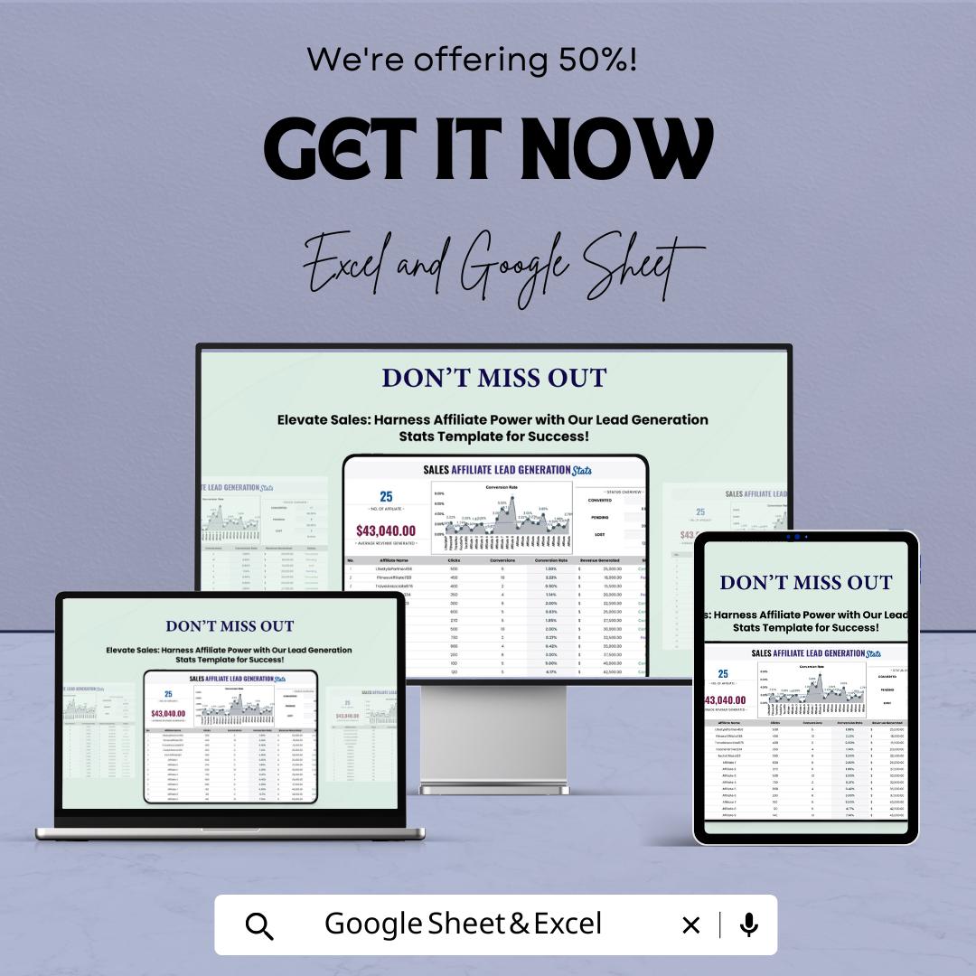 Sales Affiliate Lead Generation Stats Template | Conversion Tracking Dashboard | Affiliate Performance Report | Excel & Google Sheets