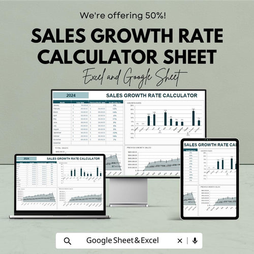 Sales Growth Rate Calculator Sheet | Excel and Google Sheets Template | Monthly & Yearly Sales Tracking | 50% OFF