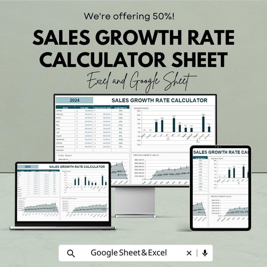 Sales Growth Rate Calculator Sheet | Excel and Google Sheets Template | Monthly & Yearly Sales Tracking | 50% OFF