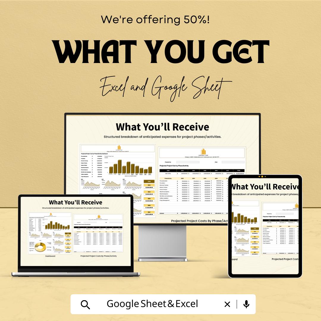 Projected Project Cost Tracker | Phase-Wise Budget Dashboard | Excel and Google Sheets | Construction & Project Expense Planner