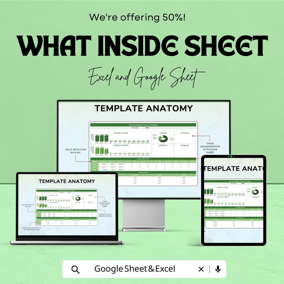 Personal Budget Planner Template | Monthly Expense Tracker | Google Sheets and Excel Finance Spreadsheet | Income & Savings Organizer