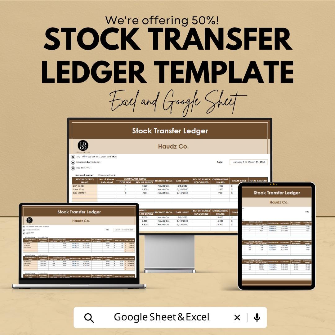 Stock Transfer Ledger Template Excel Google Sheets | Share Transfer Tracker | Corporate Stock Register | Shareholder Transfer Log |