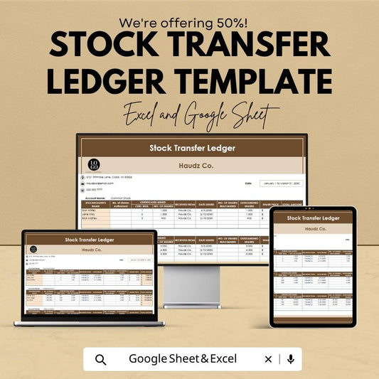 Stock Transfer Ledger Template Excel Google Sheets | Share Transfer Tracker | Corporate Stock Register | Shareholder Transfer Log |