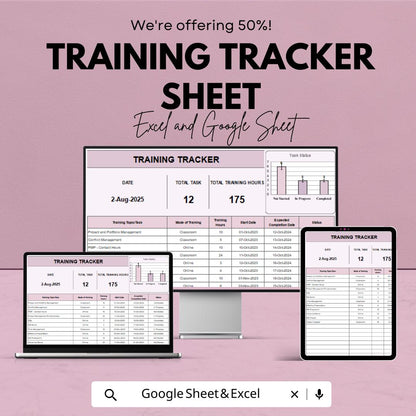 Training Tracker Sheet | Employee Training Log | Excel and Google Sheet | HR Training Management Spreadsheet | Task & Hours Tracker