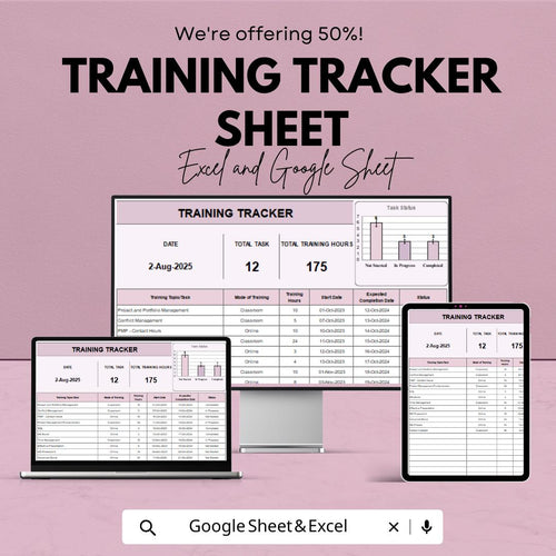 Training Tracker Sheet | Employee Training Log | Excel and Google Sheet | HR Training Management Spreadsheet | Task & Hours Tracker