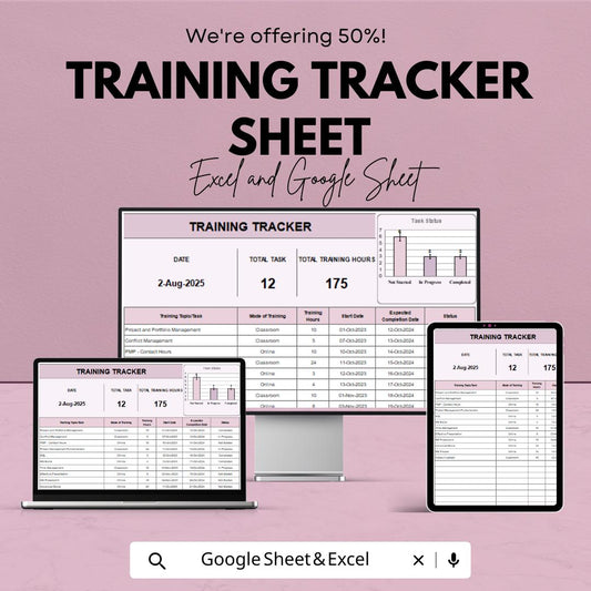 Training Tracker Sheet | Employee Training Log | Excel and Google Sheet | HR Training Management Spreadsheet | Task & Hours Tracker