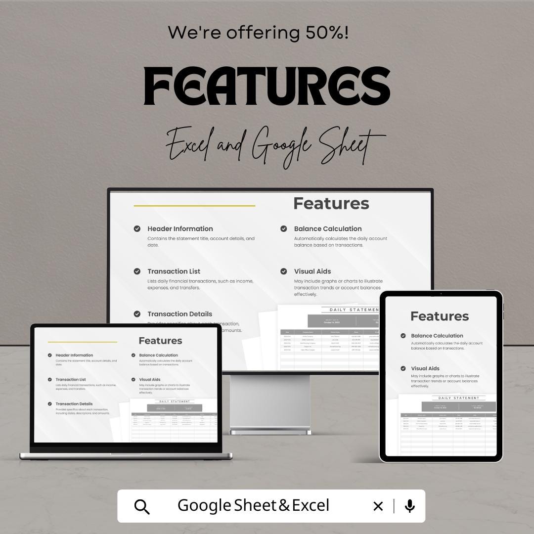 Daily Statement Template | Excel and Google Sheet Tracker | Business Finance Tracker | Income & Expense Report Spreadsheet