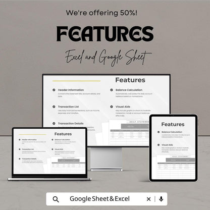 Daily Statement Template | Excel and Google Sheet Tracker | Business Finance Tracker | Income & Expense Report Spreadsheet