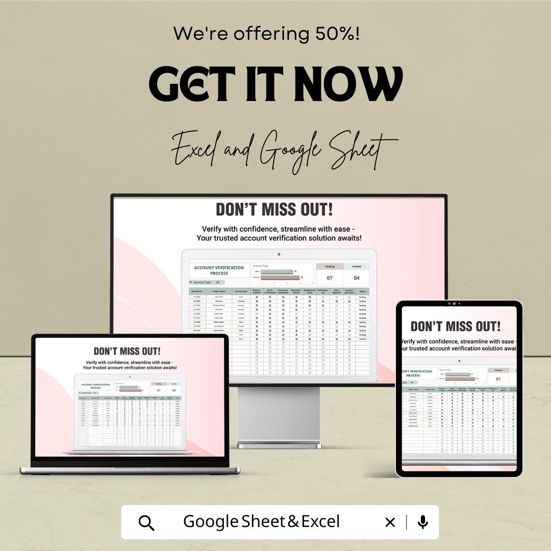 Account Verification Process Template | Account Review Tracker | Compliance Verification Sheet | Audit Tracking Template