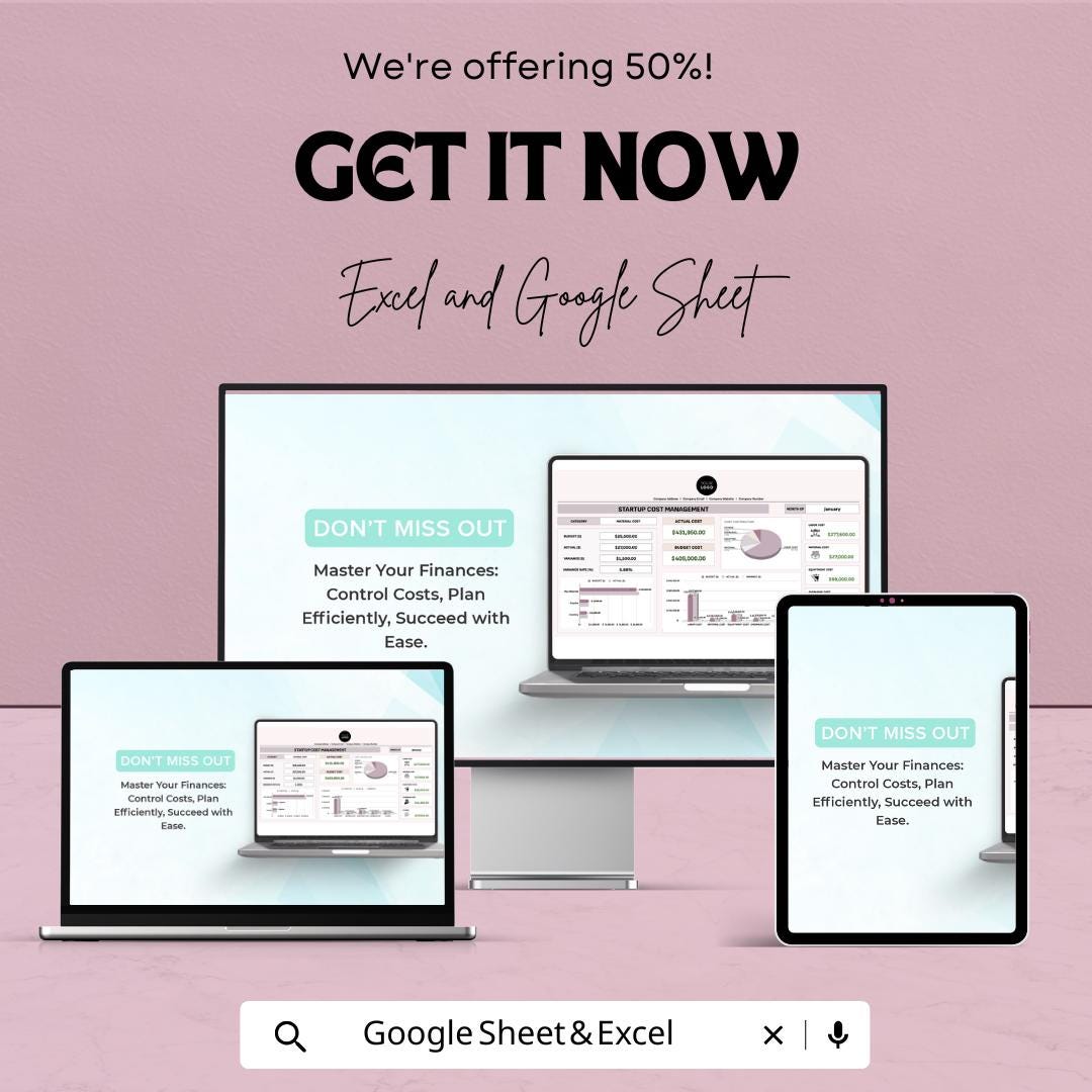 Startup Cost Management Template | Excel & Google Sheets | Expense Tracker | Budget Planner | Startup Financial Management Spreadsheet