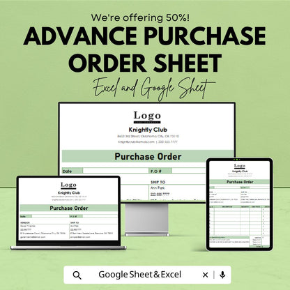Advance Purchase Order Sheet | Editable Excel & Google Sheets Template | Purchase Form | Order Tracking Log | Printable PO Format