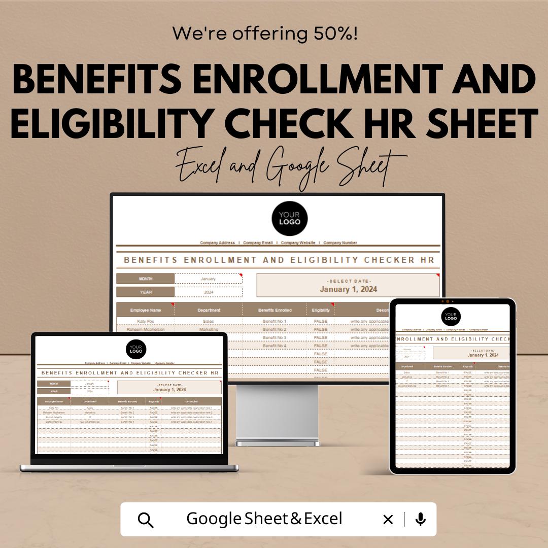 Benefits Enrollment and Eligibility Tracker HR Sheet | Google Sheets and Excel Template | HR Compliance & Employee Benefits Form