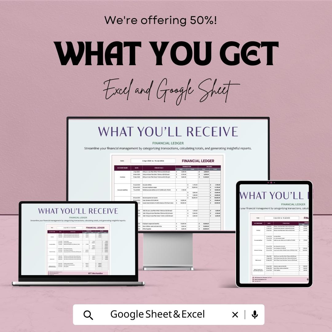 Financial Ledger Sheet | Excel & Google Sheets | Expense Tracker | Accounting Spreadsheet | Business Bookkeeping Template