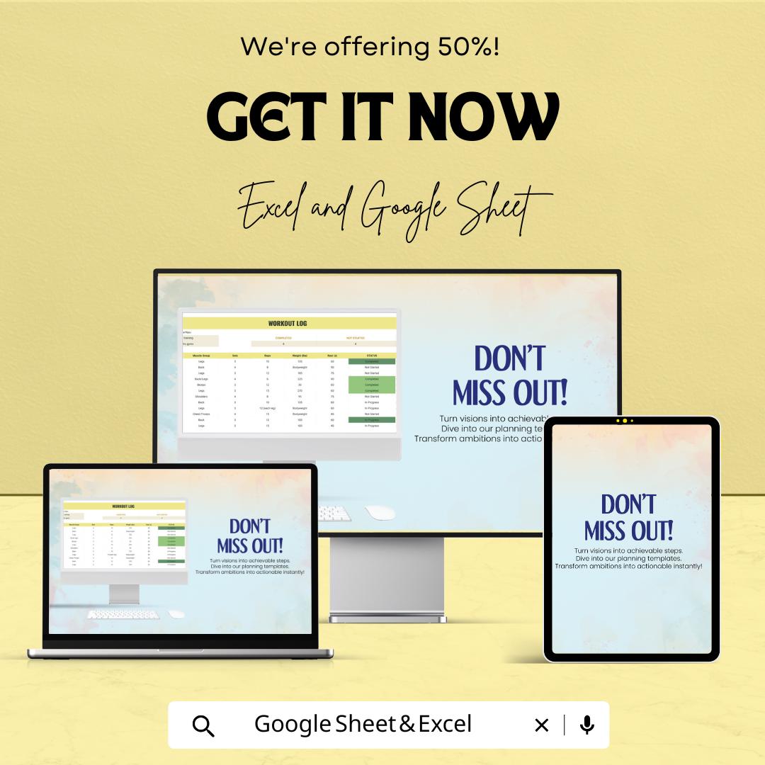 Workout Log Sheet | Fitness Tracker | Excel & Google Sheets | Exercise Planner | Training Log | Workout Schedule | Printable Fitness Sheet