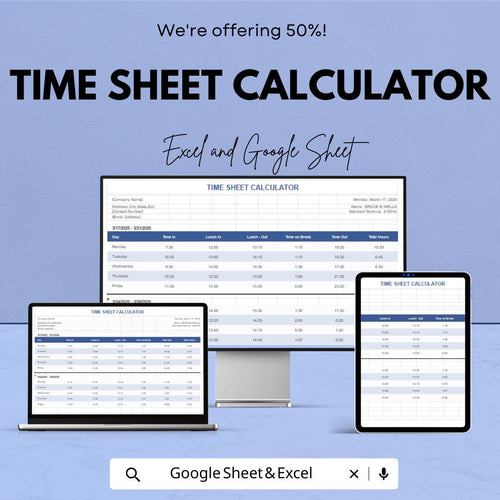 Time Sheet Calculator - Excel & Google Sheets Template | Employee Time Tracking, Payroll, Overtime, and Break Hours Calculation