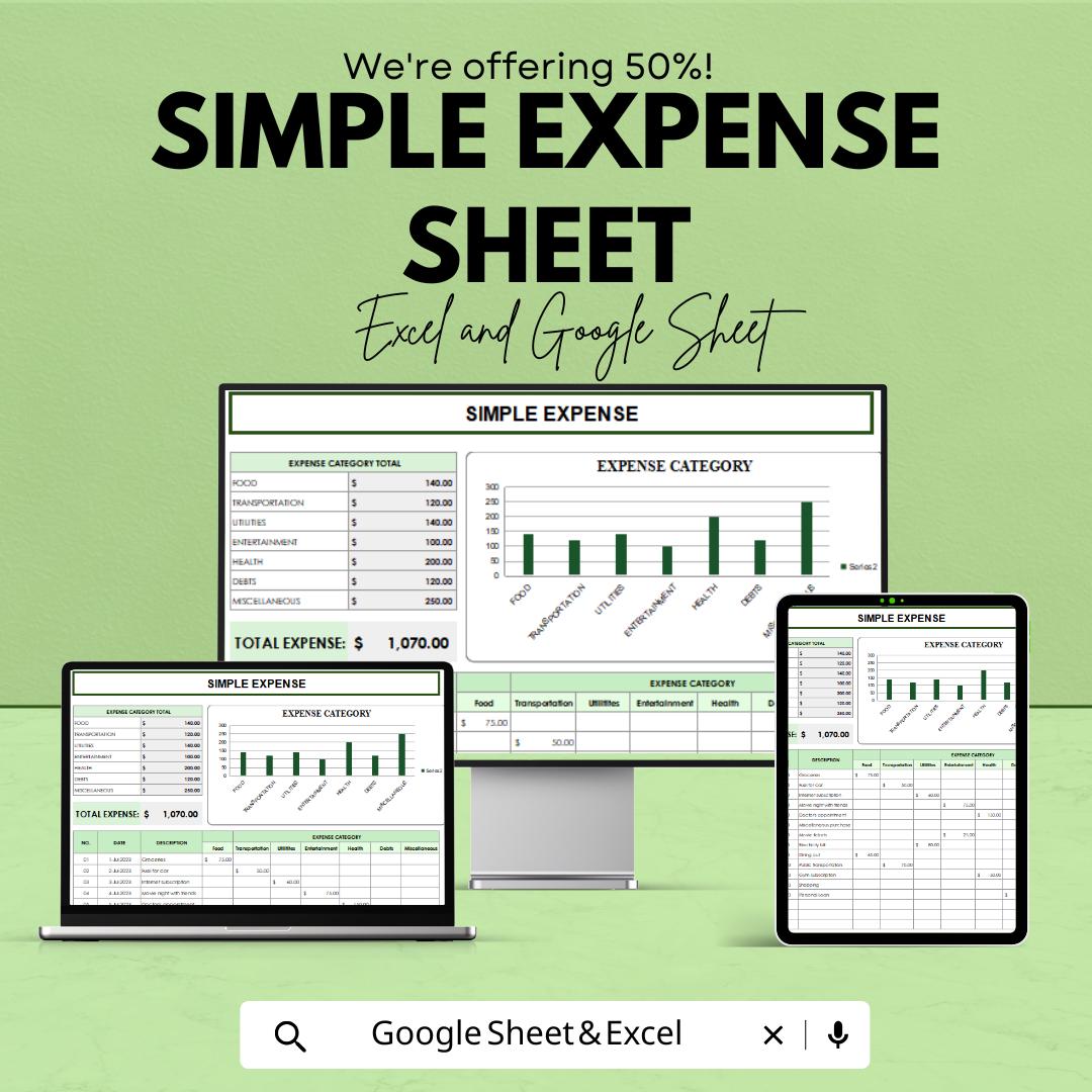 Simple Expense Tracker Sheet | Budget Planner Excel & Google Sheet | Monthly Finance Tracker | Digital Expense Log