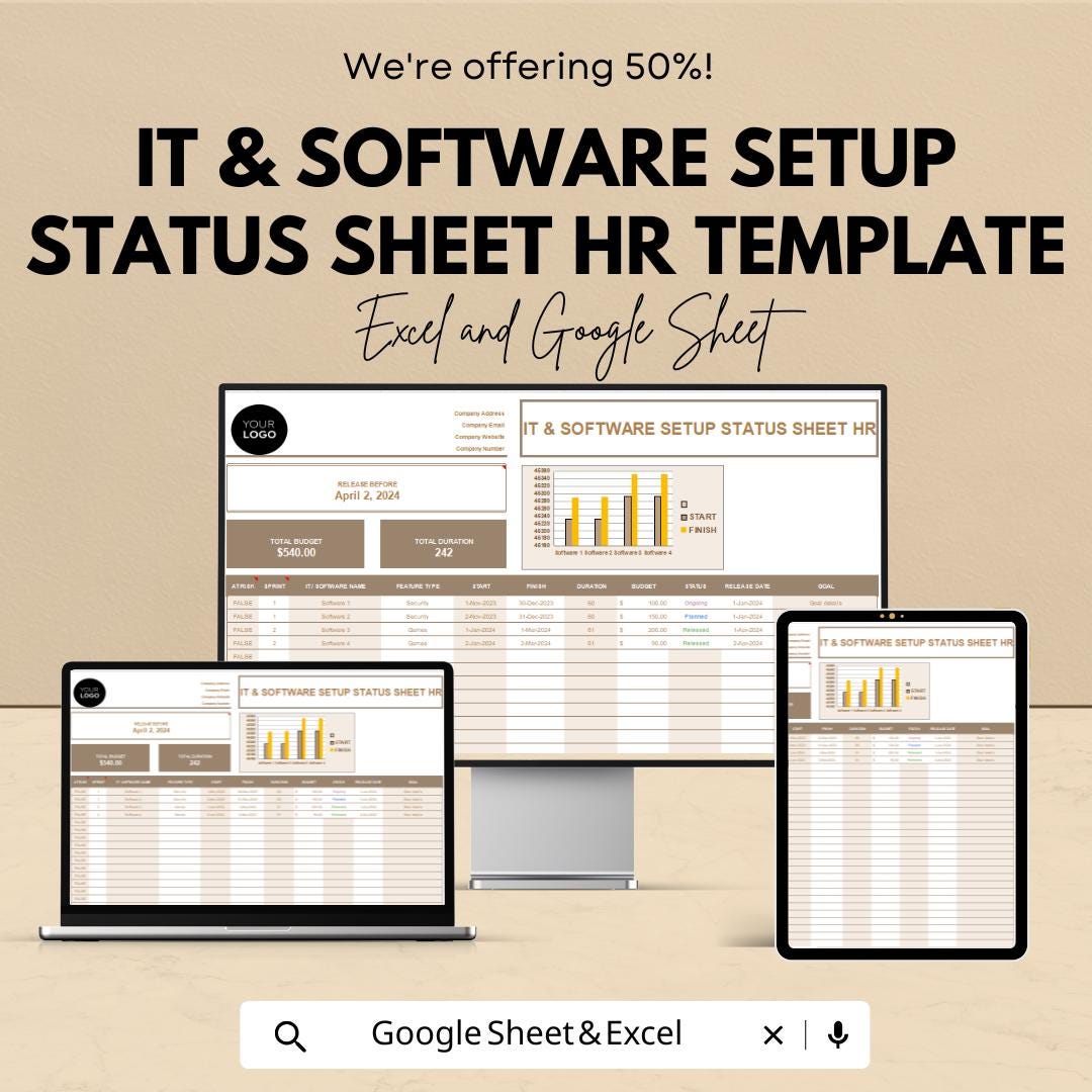IT & Software Setup Status Sheet Hr Template | Employee IT Onboarding Tracker | Excel and Google Sheets IT Management Tool
