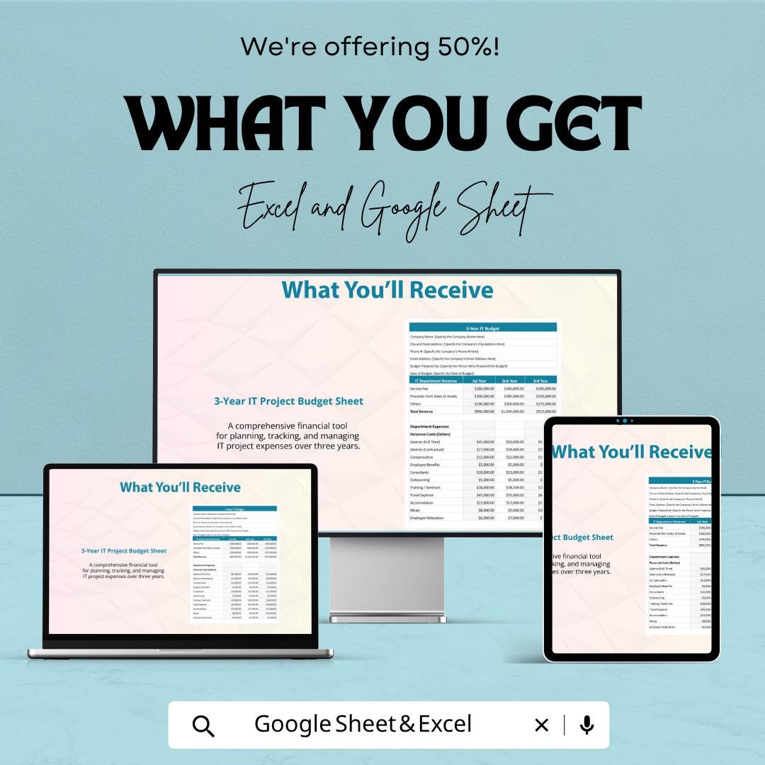 3-Year IT Project Budget Template | IT Budget Spreadsheet | Project Cost Tracker Template |  IT Financial Planning Sheet