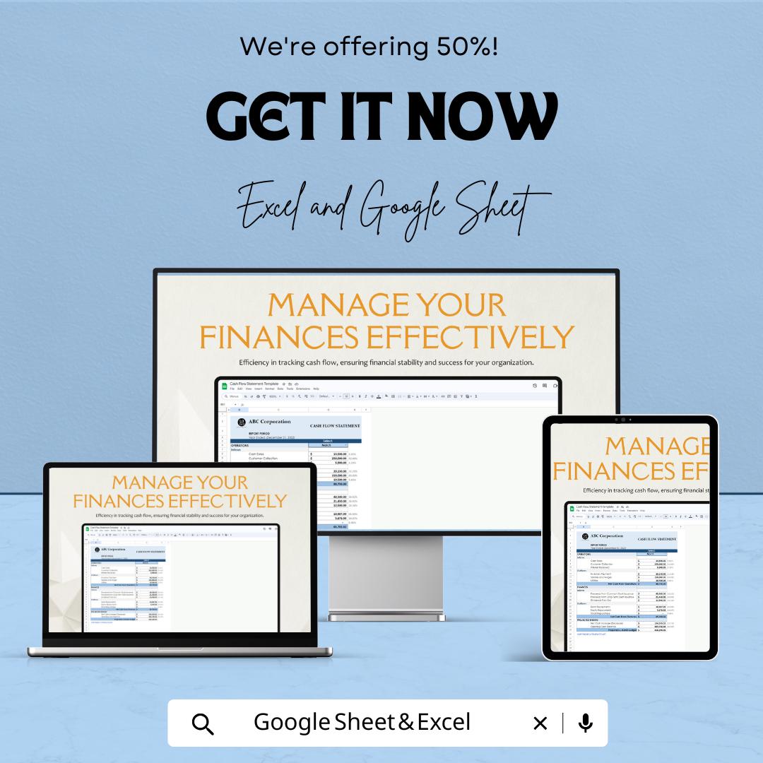 Cash Flow Statement Sheet - Excel and Google Sheet Template for Business Finance Management - Track Income, Expenses & Financial Health