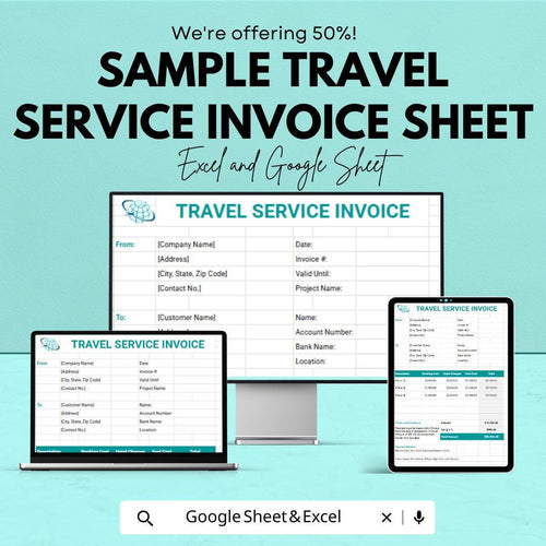 Sample Travel Service Invoice Sheet | Excel & Google Sheets Template | Travel Billing Template for Service Providers
