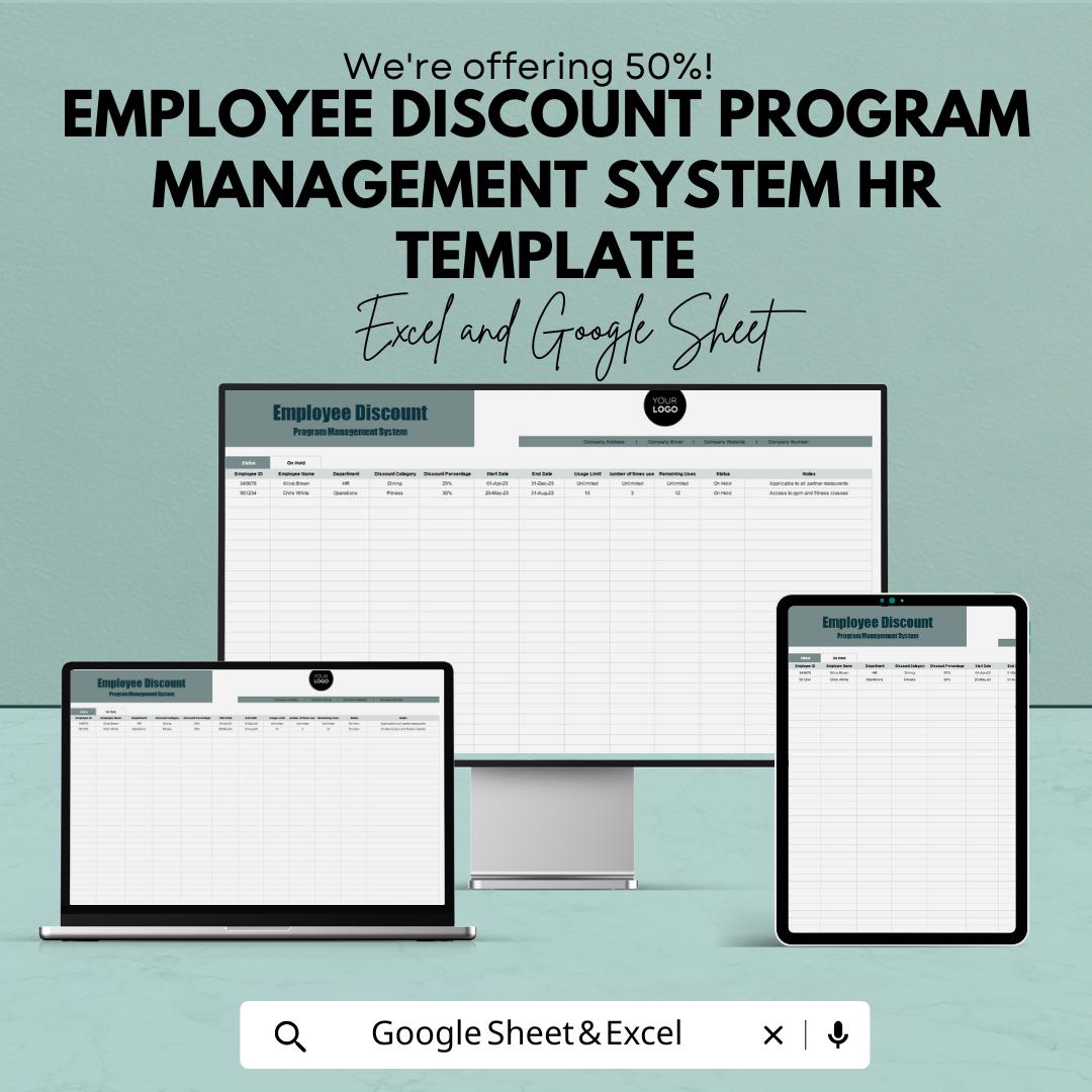 Employee Discount Program Management System HR Template | Staff Discount Tracker | Excel and Google Sheets HR Spreadsheet
