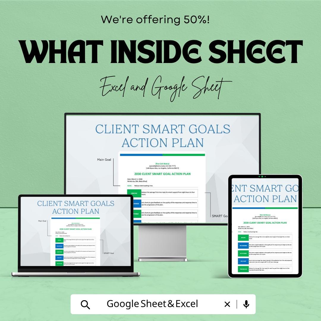 Client SMART Goals Template | Action Plan Spreadsheet | Goal Setting Planner | Project Tracker | Excel & Google Sheets | Business Goal
