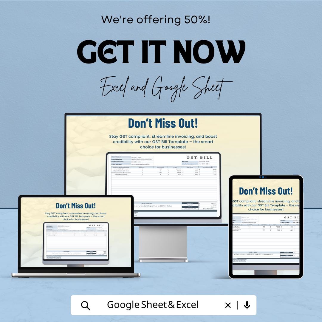 GST Bill Template | Google Sheets Invoice Template | Excel GST Invoice | Tax Billing Spreadsheet | Business Billing Tracker