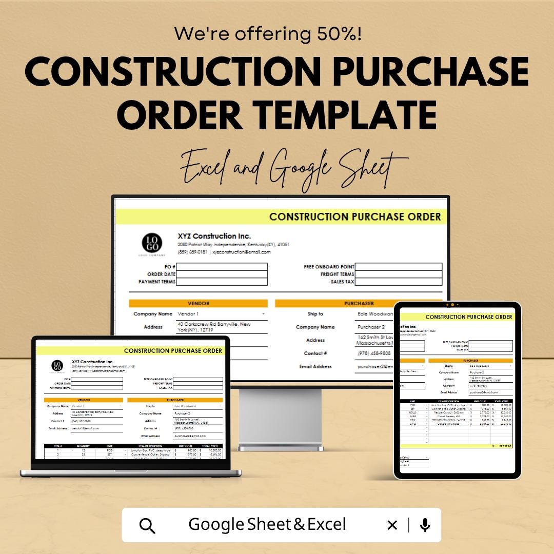 Construction Purchase Order Template Excel Google Sheets | Procurement Spreadsheet | Vendor Order Form | Contractor Purchase Tracker |
