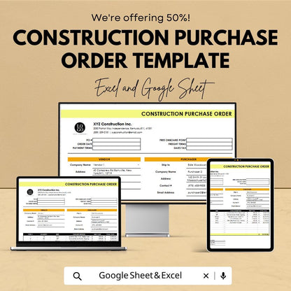 Construction Purchase Order Template Excel Google Sheets | Procurement Spreadsheet | Vendor Order Form | Contractor Purchase Tracker |