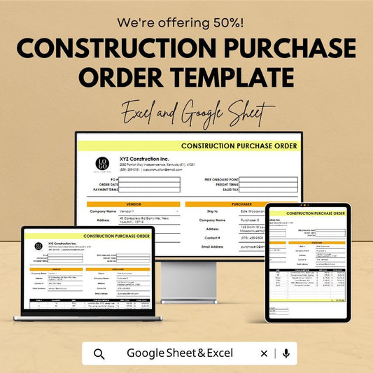 Construction Purchase Order Template Excel Google Sheets | Procurement Spreadsheet | Vendor Order Form | Contractor Purchase Tracker |