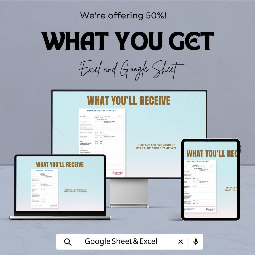 Restaurant Start-Up Cost Worksheet | Google Sheets & Excel Template | Restaurant Budget Planner | Startup Expense Tracker for Small Business