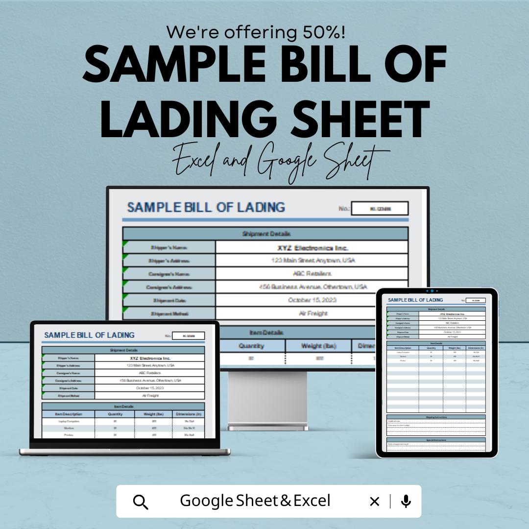 Sample Bill of Lading Sheet - Editable Excel & Google Sheets Template for Shipping and Logistics